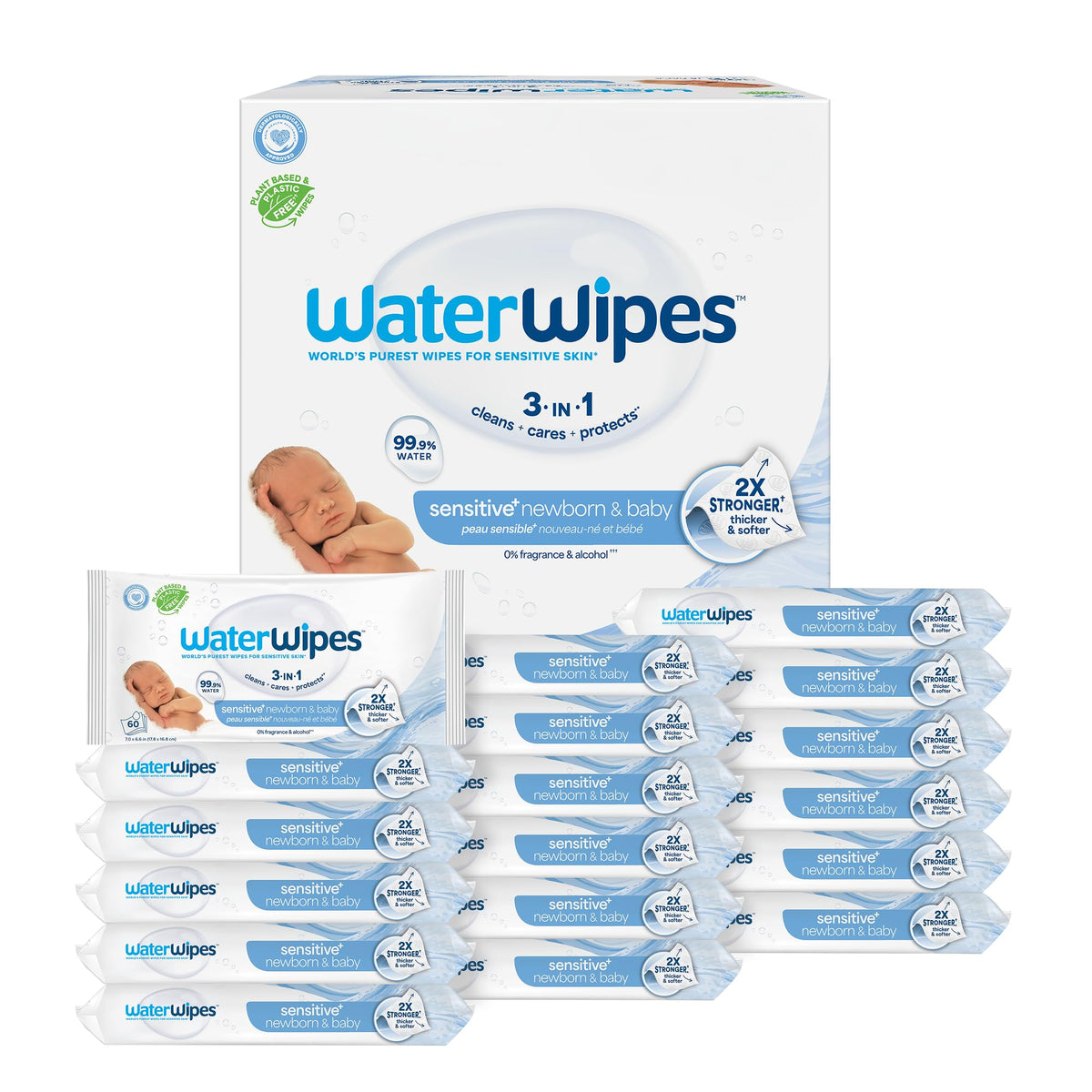 WaterWipes Sensitive+ Newborn & Baby Wipes, 3-In-1 Cleans, Cares, Protects, 99.9% Water, Unscented & Hypoallergenic, 240 Count (4 Packs)