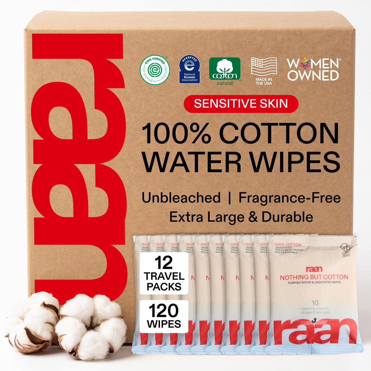 Raan, 100% Cotton Baby Wipes, Unbleached, 99% Purified Water, Unscented, EWG verified, For Extra Sensitive Skin, Naturally Soft and Durable, 4 pack, 240 Count