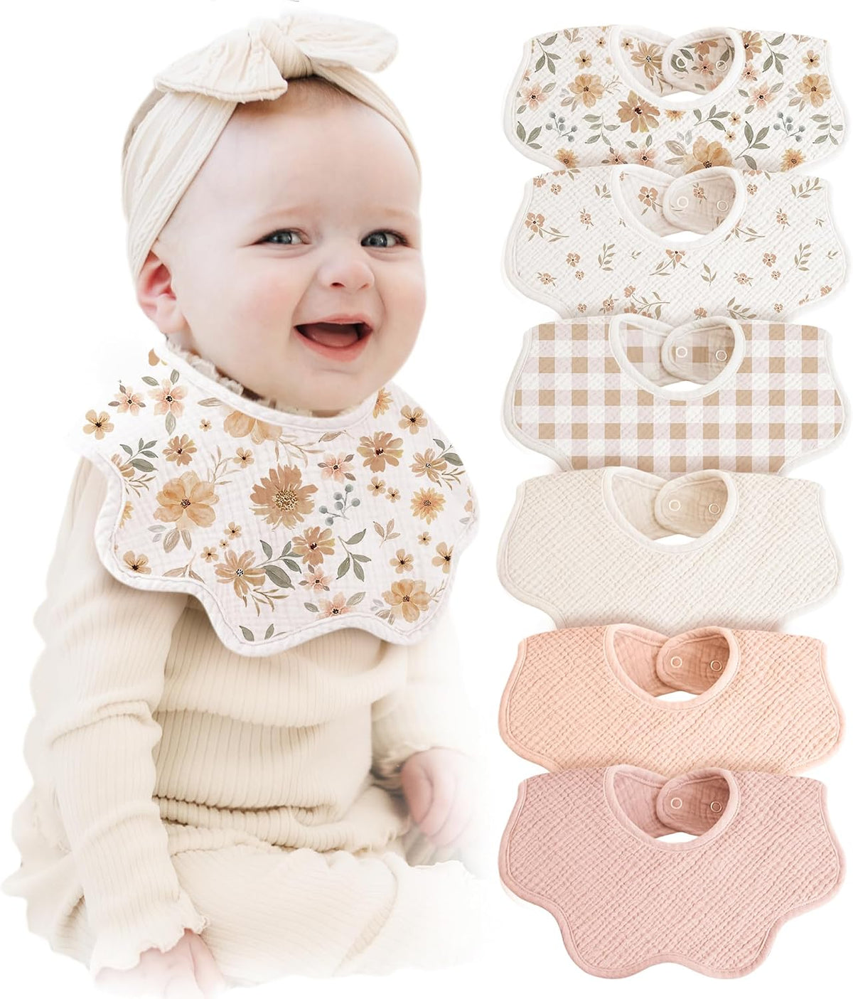 Konssy 6-Pack Muslin Baby Bandana Bibs, Drool Bibs for Girls & Boys
