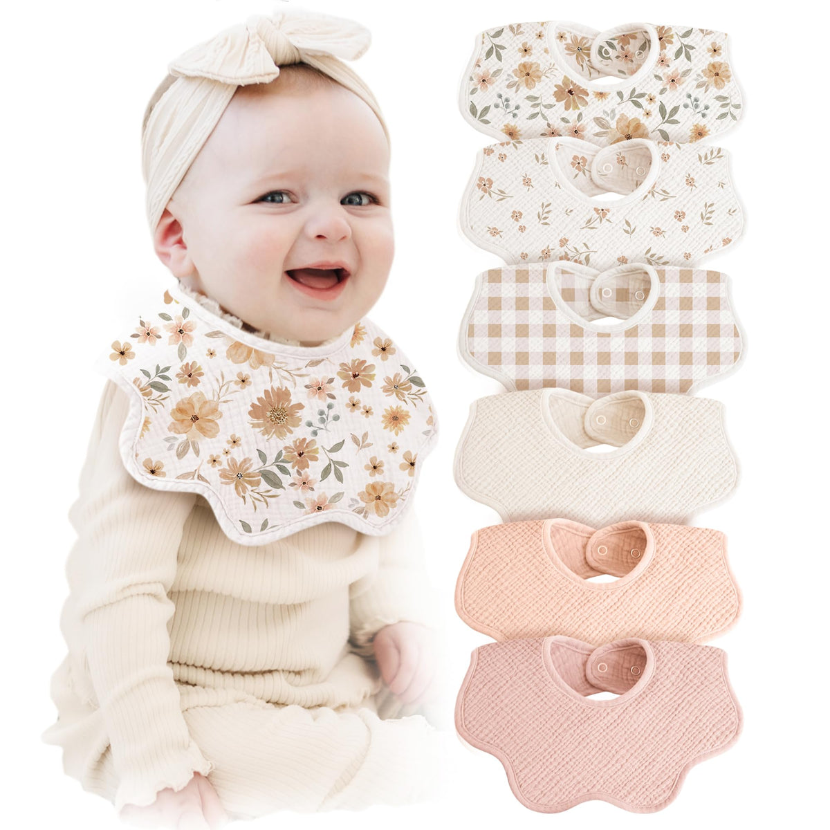 Konssy 6-Pack Muslin Baby Bandana Bibs, Drool Bibs for Girls & Boys