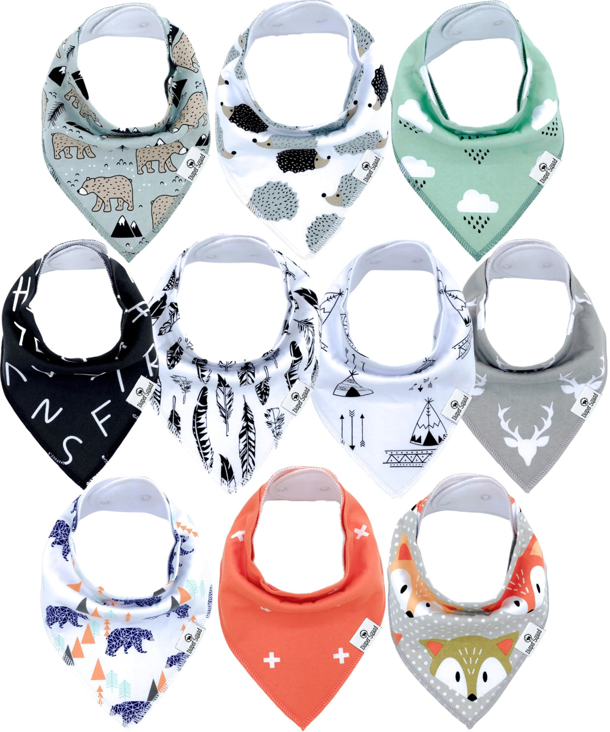 Diaper Squad 10-Pack Organic Cotton Baby Bibs for Baby Boy, Girl