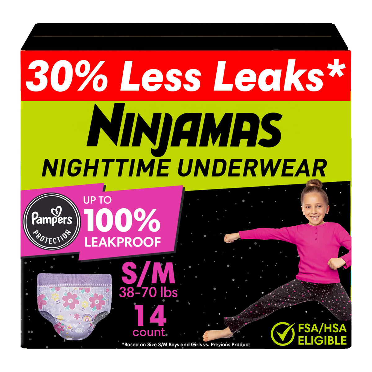 Ninjamas Girls Bedwetting Nighttime Underwear, Size S/M (38-70 lbs), 88 Count, Overnight Protection, Ultra Absorbent, Hypoallergenic