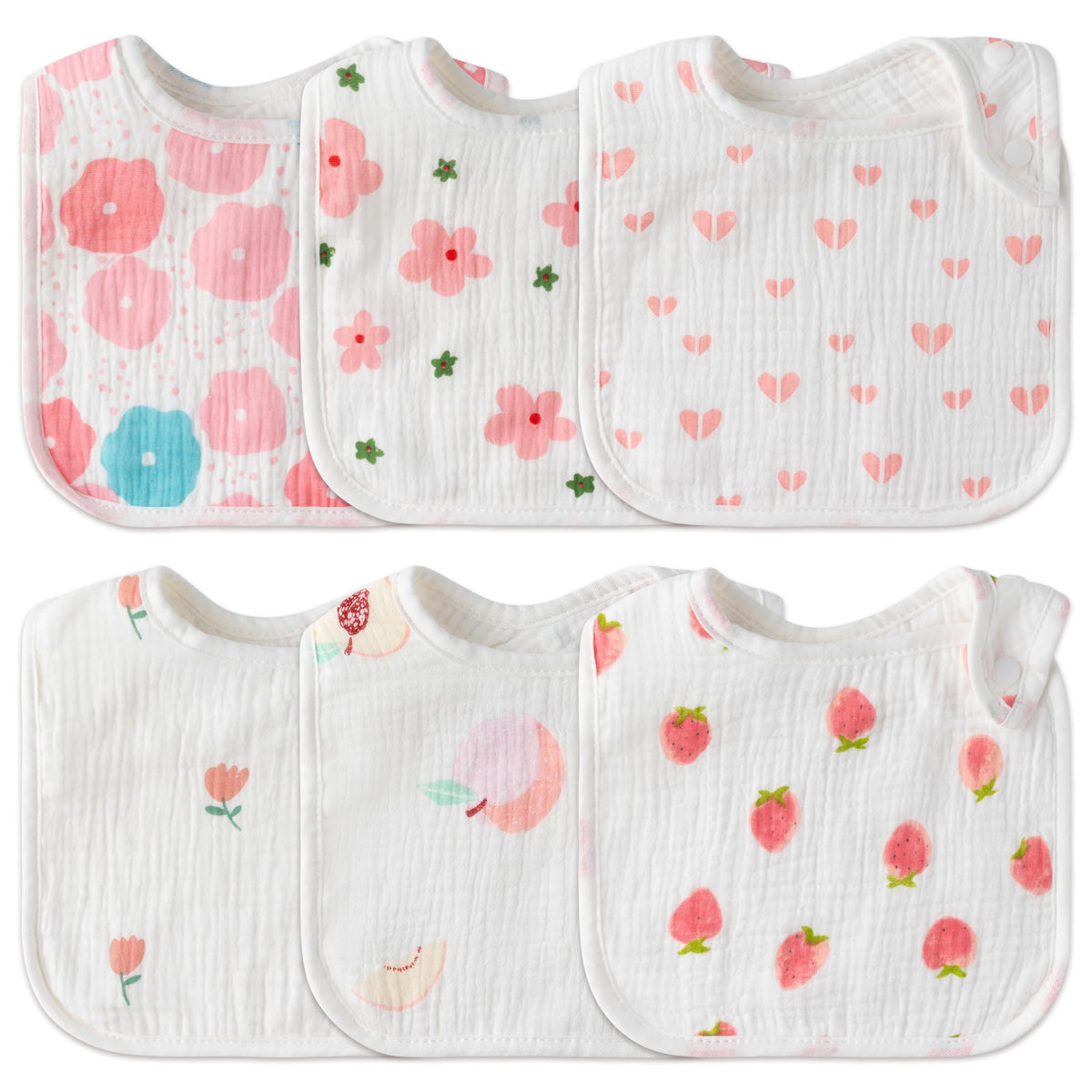 Zainpe 6Pcs Snap Muslin Cotton Baby Bibs White Adjustable Drool Bib with 6 Absorbent Soft Layers, Machine Washable Unisex Burp Cloths for 3 to 36 Months Boys Girls Infant Newborn Toddler