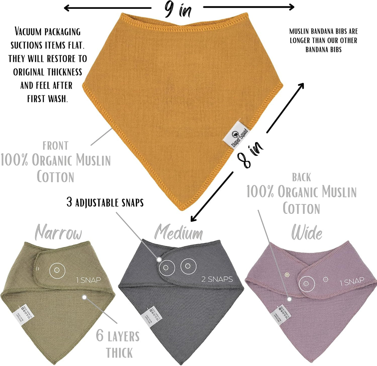 Diaper Squad 10-Pack Organic Muslin Cotton Baby Bibs for Baby Boy, Girl