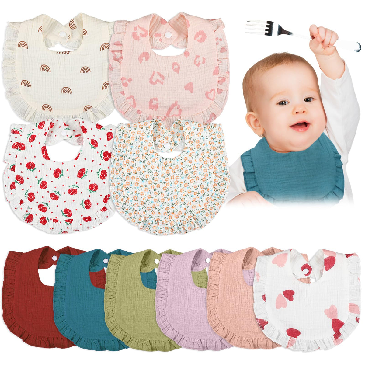 Seematn 10 Pcs Baby Muslin Bibs for Unisex Girls & Boys Drool Bibs Bandana Ruffle Soft Cotton for Newborn Infants Toddlers(Retro Colors)