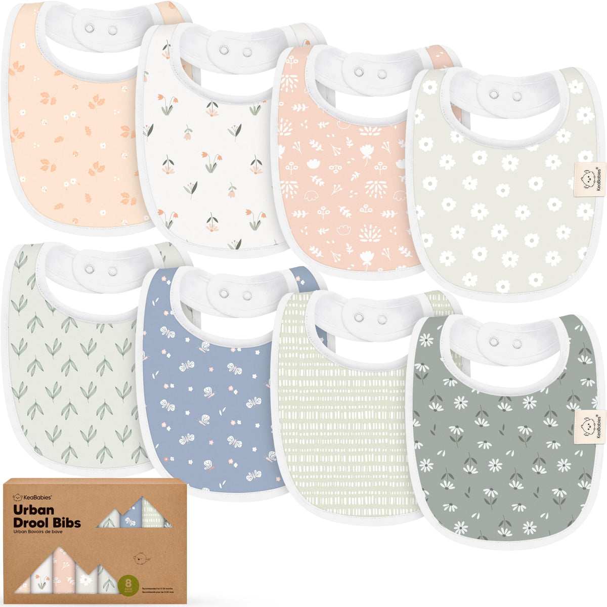 KeaBabies 8-Pack Organic Baby Bibs for Drooling and Teething (Sweet Charm)