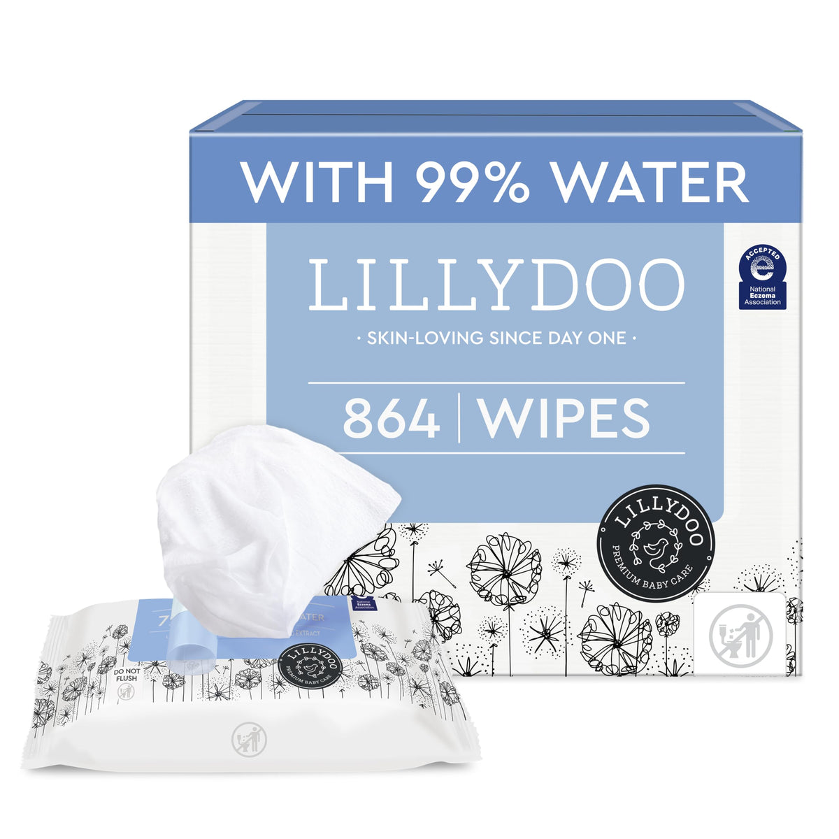LILLYDOO Large Baby Wipes, 99% Water, Unscented, 4 Packs x 72 (288 Wipes)