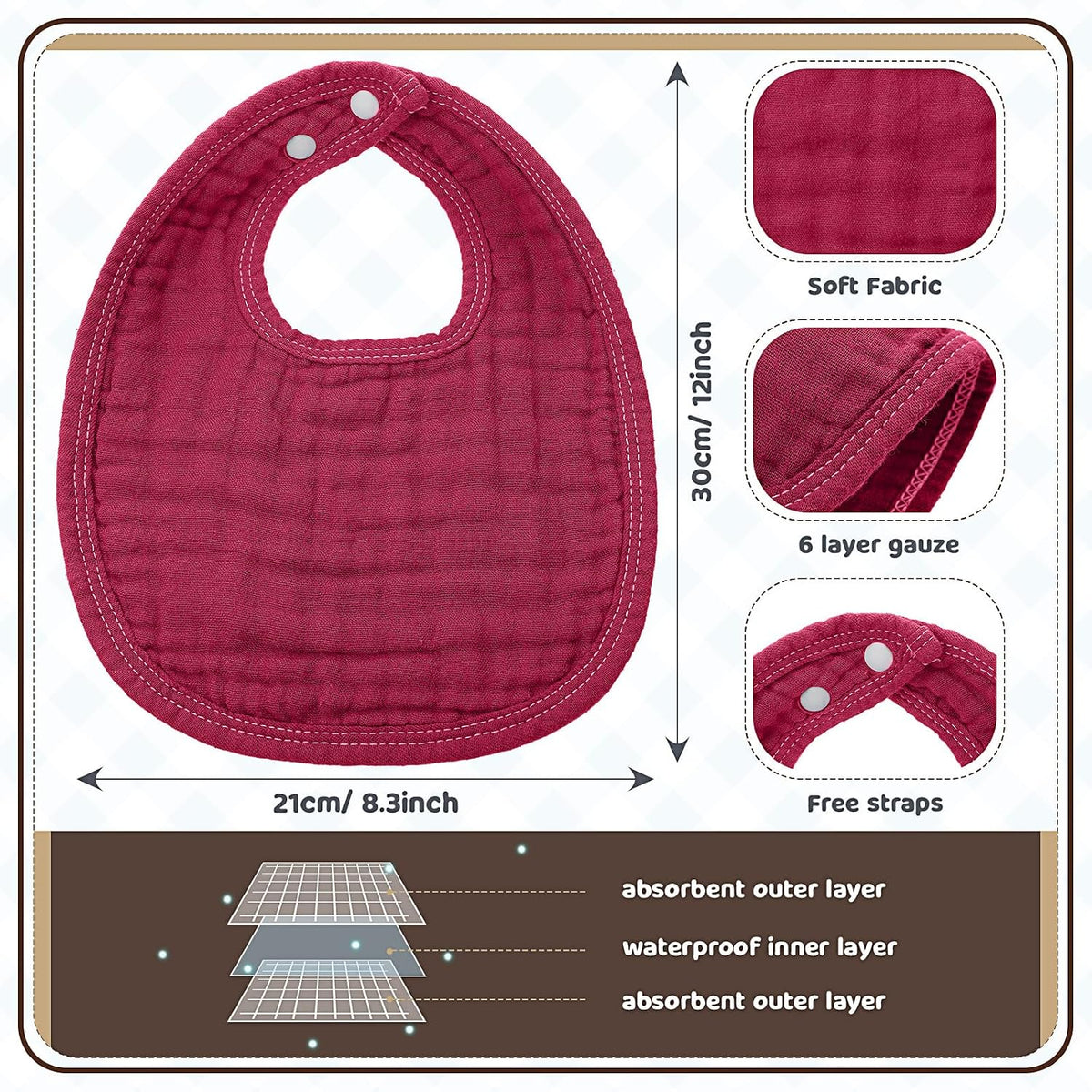 Frienda 8 Pcs Muslin Baby Bibs Waterproof Bib for Drool,Terracotta