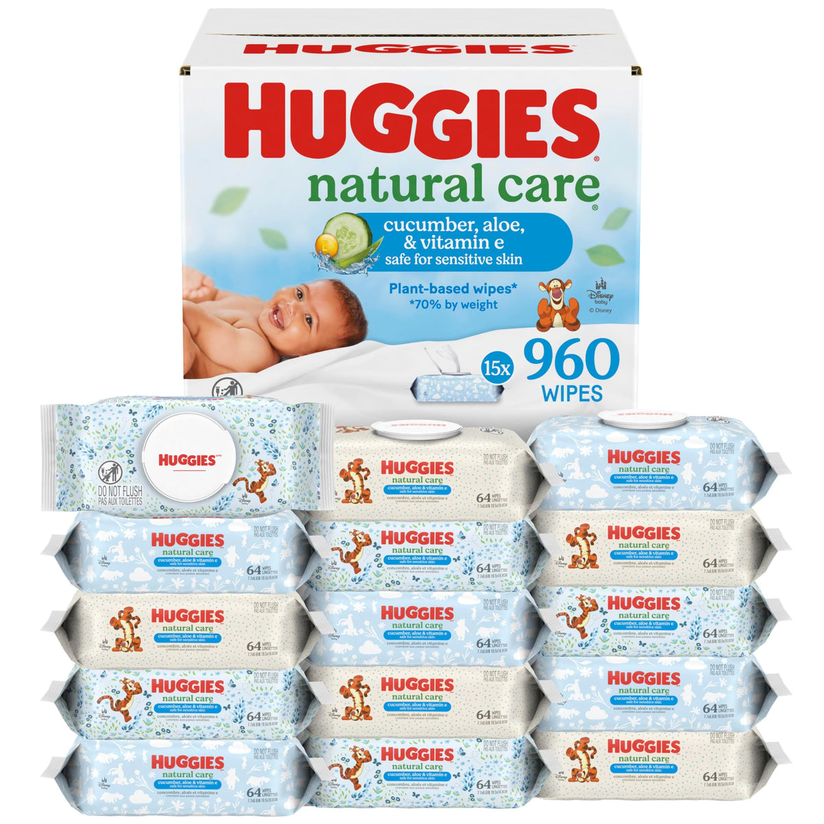 Huggies Natural Care Cucumber, Aloe and Vitamin E Baby Wipes, Hypoallergenic, Scented, 6 Flip-Top Packs (288 Wipes Total), Packaging May Vary