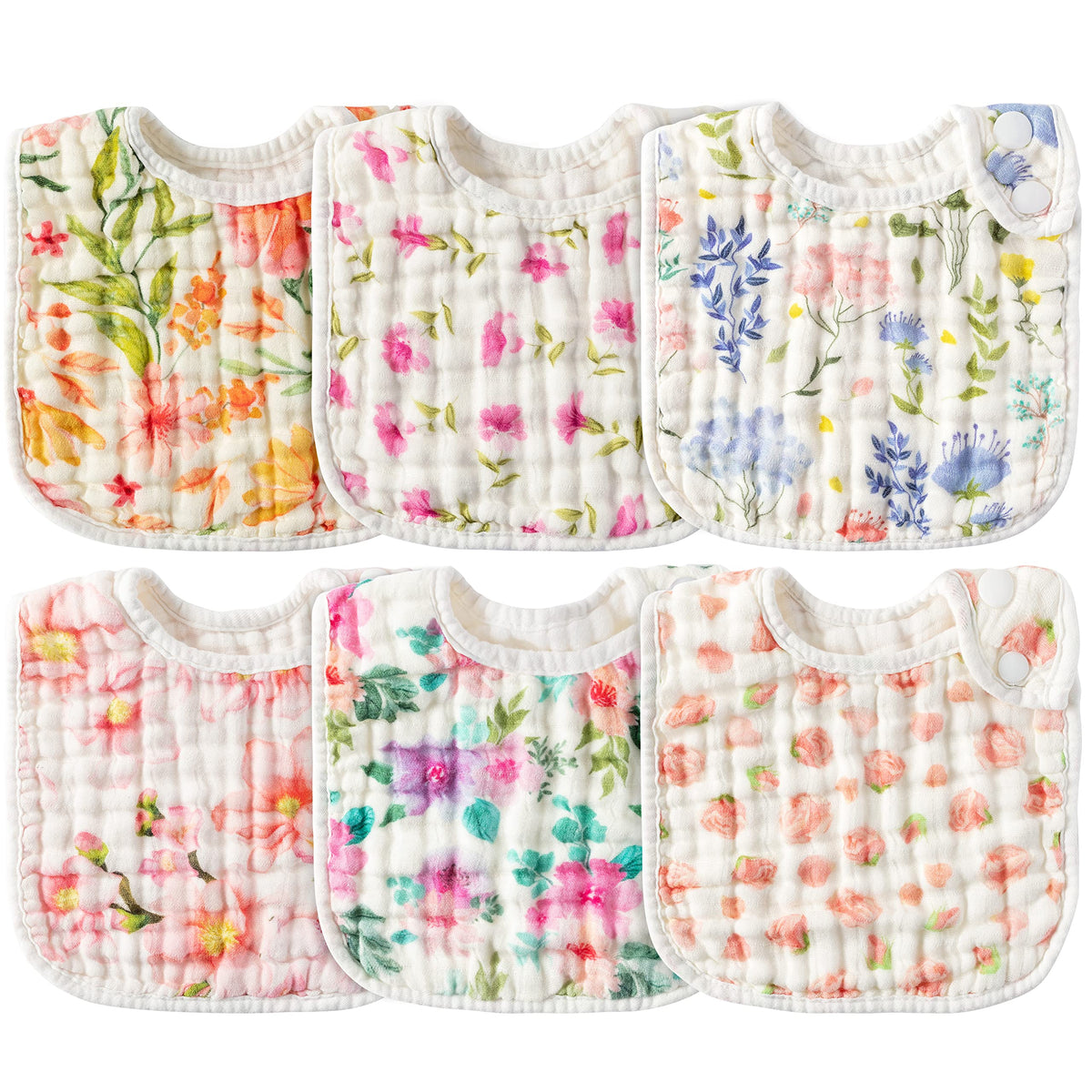 Zainpe 6Pcs Snap Muslin Cotton Baby Bibs White Adjustable Drool Bib with 6 Absorbent Soft Layers, Machine Washable Unisex Burp Cloths for 3 to 36 Months Boys Girls Infant Newborn Toddler