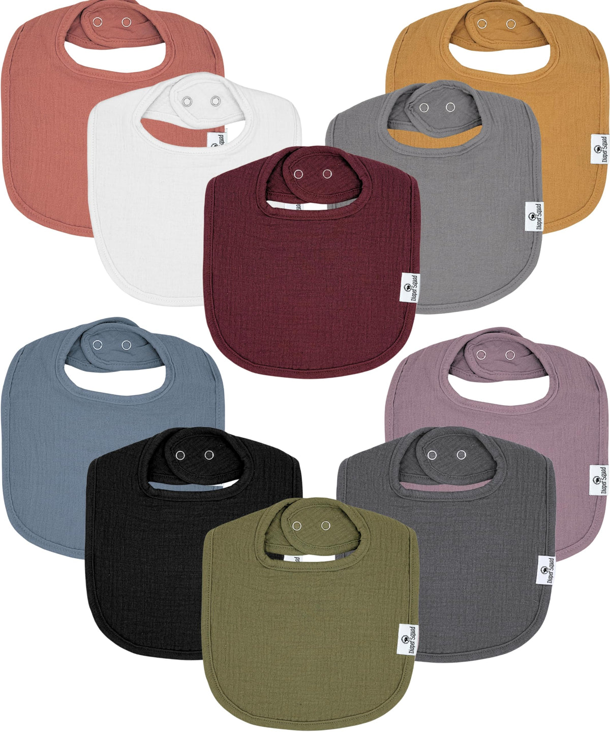 Diaper Squad 10-Pack Organic Muslin Cotton Baby Bibs for Baby Boy, Girl