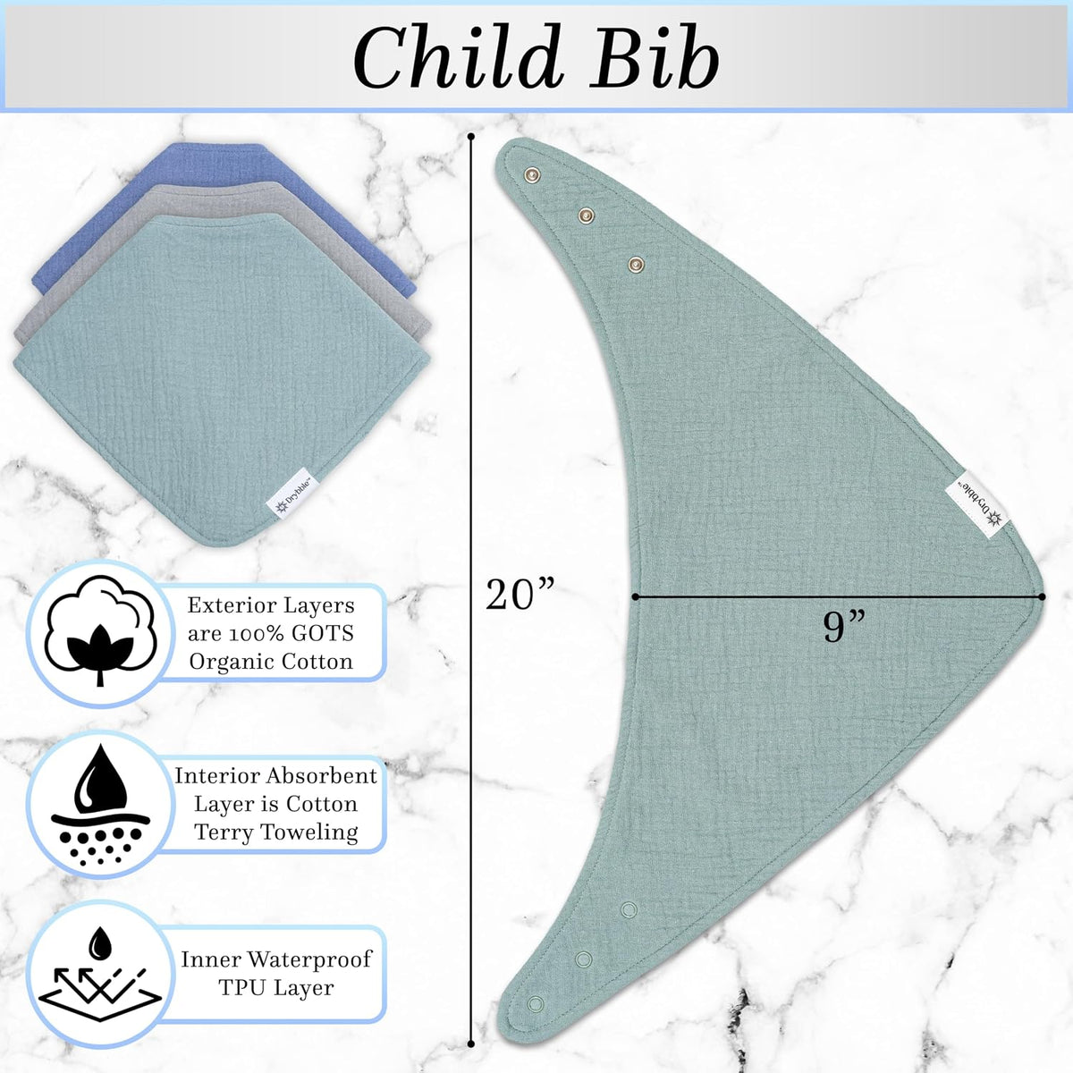 Bandana Bibs with 3 Waterproof Lining Organic Cotton Drool Bibs for Adults and Children, Adjustable Snaps