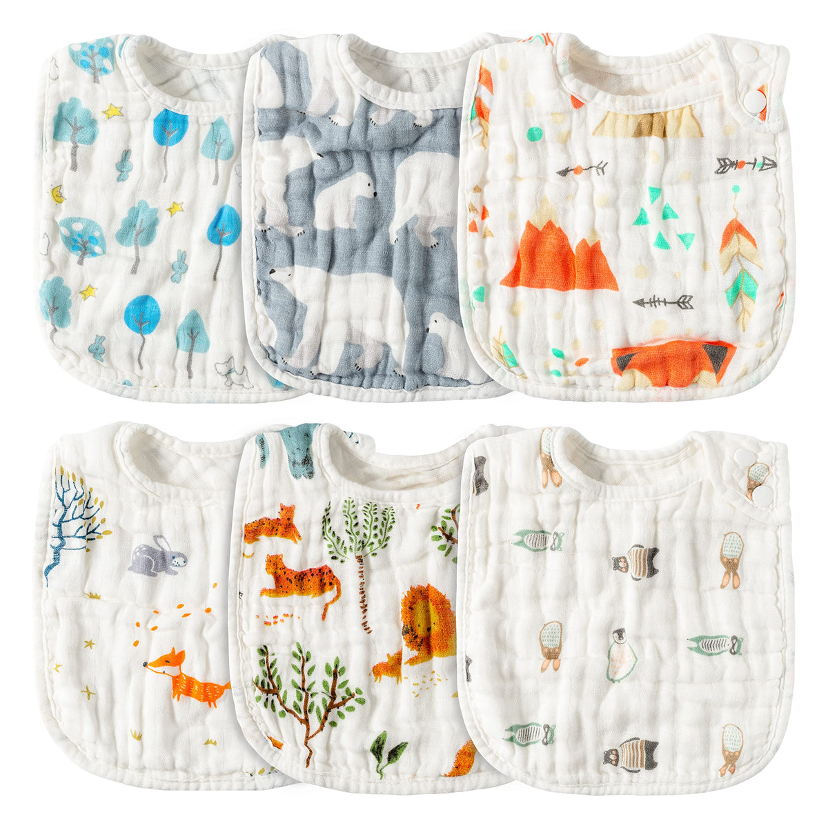 Zainpe 6Pcs Snap Muslin Cotton Baby Bibs White Adjustable Drool Bib with 6 Absorbent Soft Layers, Machine Washable Unisex Burp Cloths for 3 to 36 Months Boys Girls Infant Newborn Toddler