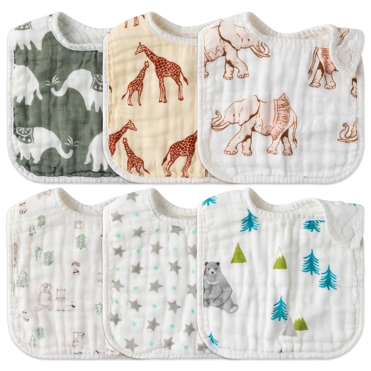 Zainpe 6Pcs Snap Muslin Cotton Baby Bibs White Adjustable Drool Bib with 6 Absorbent Soft Layers, Machine Washable Unisex Burp Cloths for 3 to 36 Months Boys Girls Infant Newborn Toddler