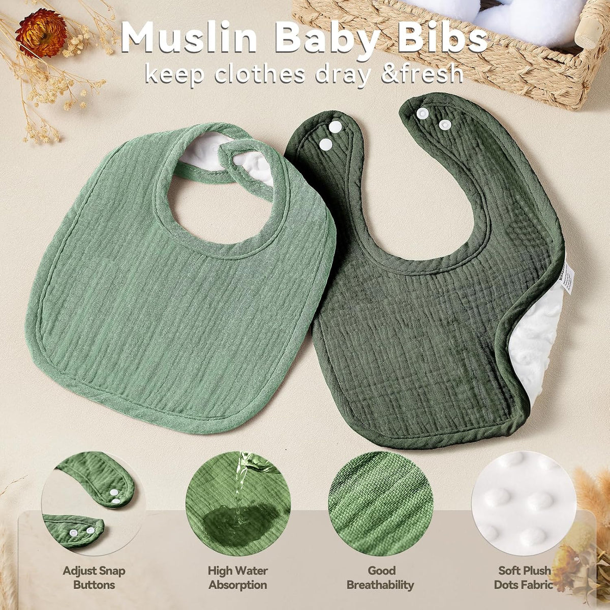 Muslin Baby Bibs for Unisex Boys Girls, Cotton Drool Bibs, Adjustable Newborn Bibs for Drooling and Teething