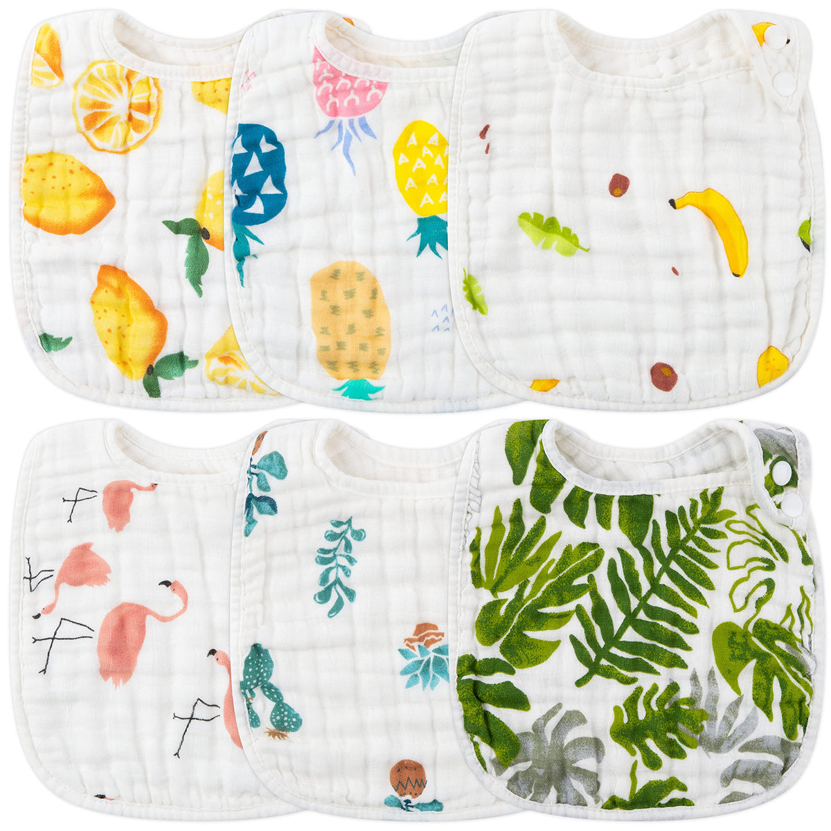 Zainpe 6Pcs Snap Muslin Cotton Baby Bibs White Adjustable Drool Bib with 6 Absorbent Soft Layers, Machine Washable Unisex Burp Cloths for 3 to 36 Months Boys Girls Infant Newborn Toddler