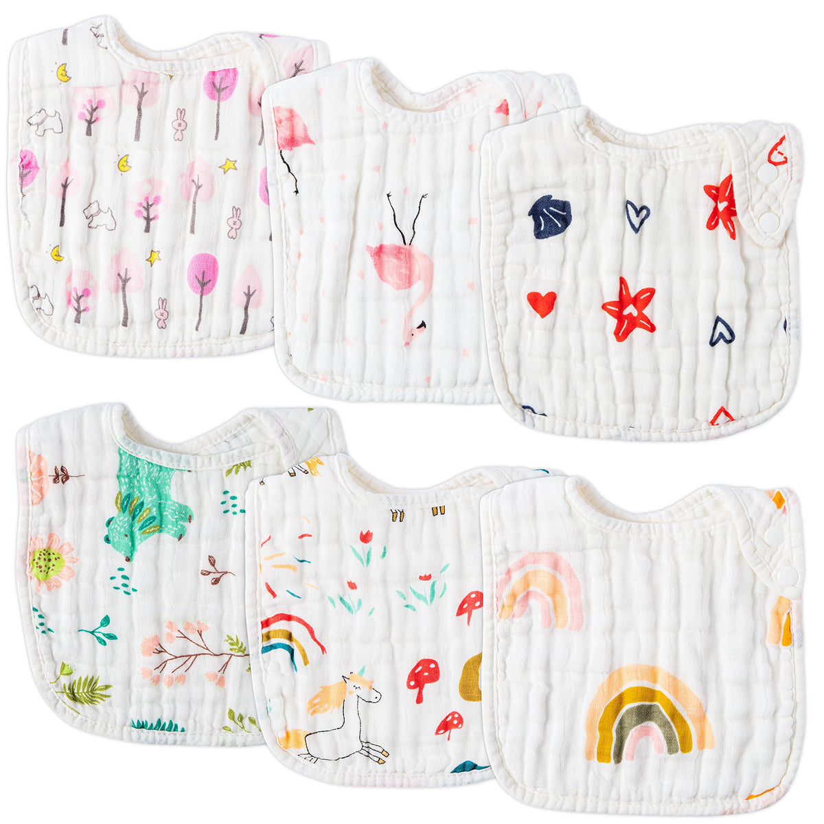Zainpe 6Pcs Snap Muslin Cotton Baby Bibs White Adjustable Drool Bib with 6 Absorbent Soft Layers, Machine Washable Unisex Burp Cloths for 3 to 36 Months Boys Girls Infant Newborn Toddler