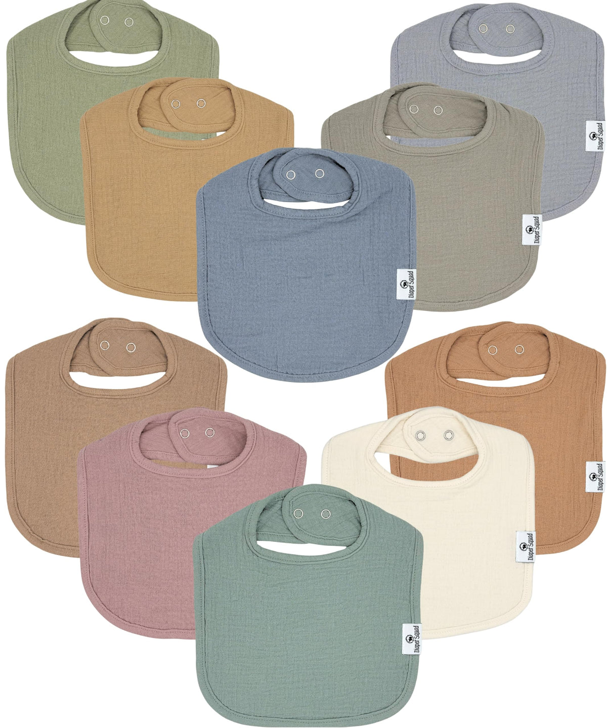 Diaper Squad 10-Pack Organic Muslin Cotton Baby Bibs for Baby Boy, Girl