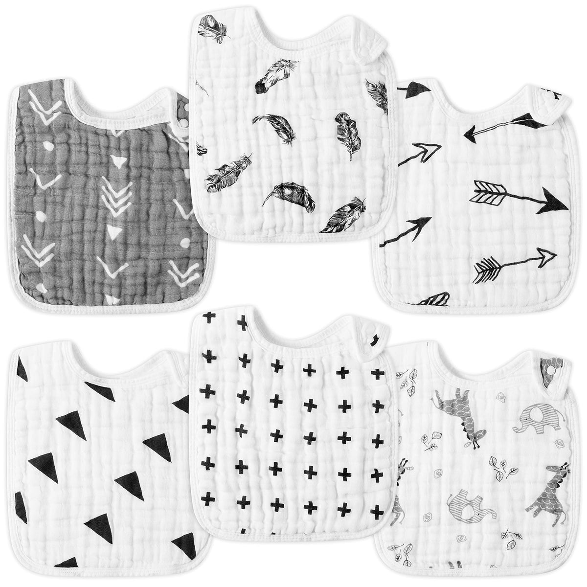 Zainpe 6Pcs Snap Muslin Cotton Baby Bibs White Adjustable Drool Bib with 6 Absorbent Soft Layers, Machine Washable Unisex Burp Cloths for 3 to 36 Months Boys Girls Infant Newborn Toddler