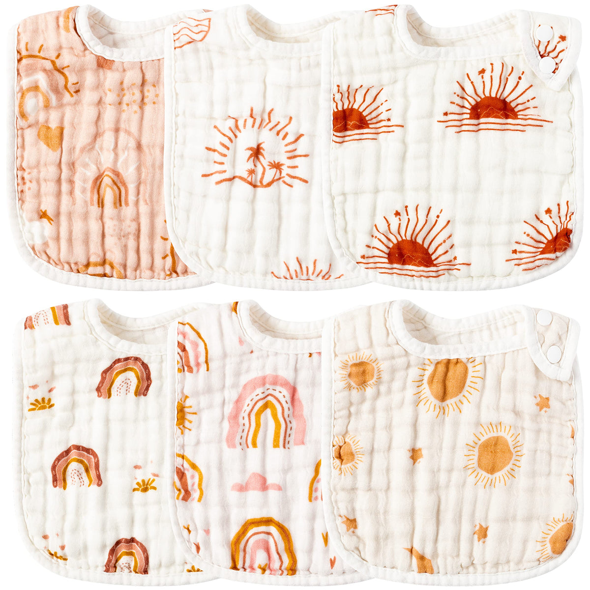 Zainpe 6Pcs Snap Muslin Cotton Baby Bibs White Adjustable Drool Bib with 6 Absorbent Soft Layers, Machine Washable Unisex Burp Cloths for 3 to 36 Months Boys Girls Infant Newborn Toddler